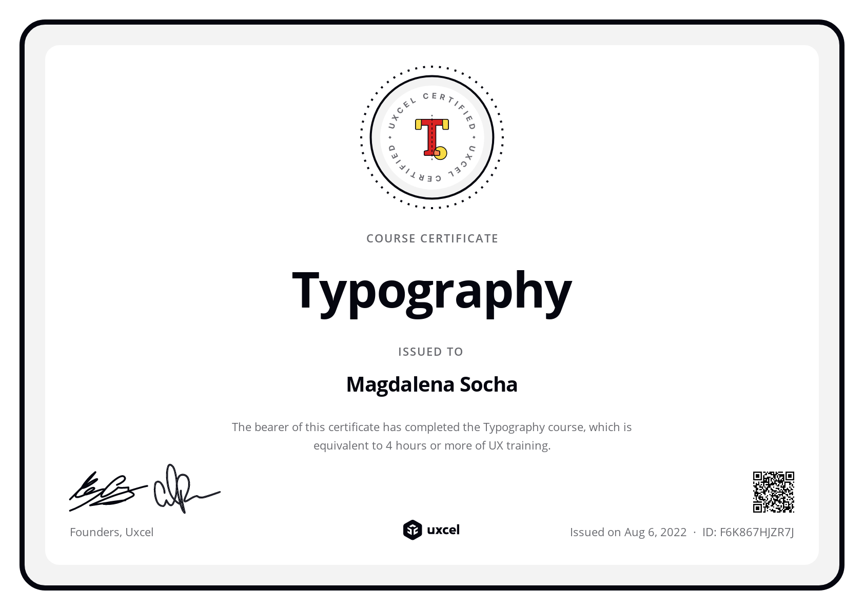 Magdalena Socha's certificate